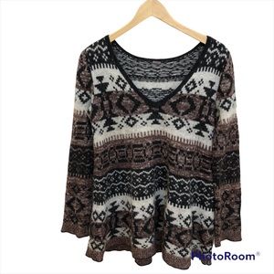 Free People Womens Size M V-Neck Sweater Black Brown White Knit Stripe Aztec